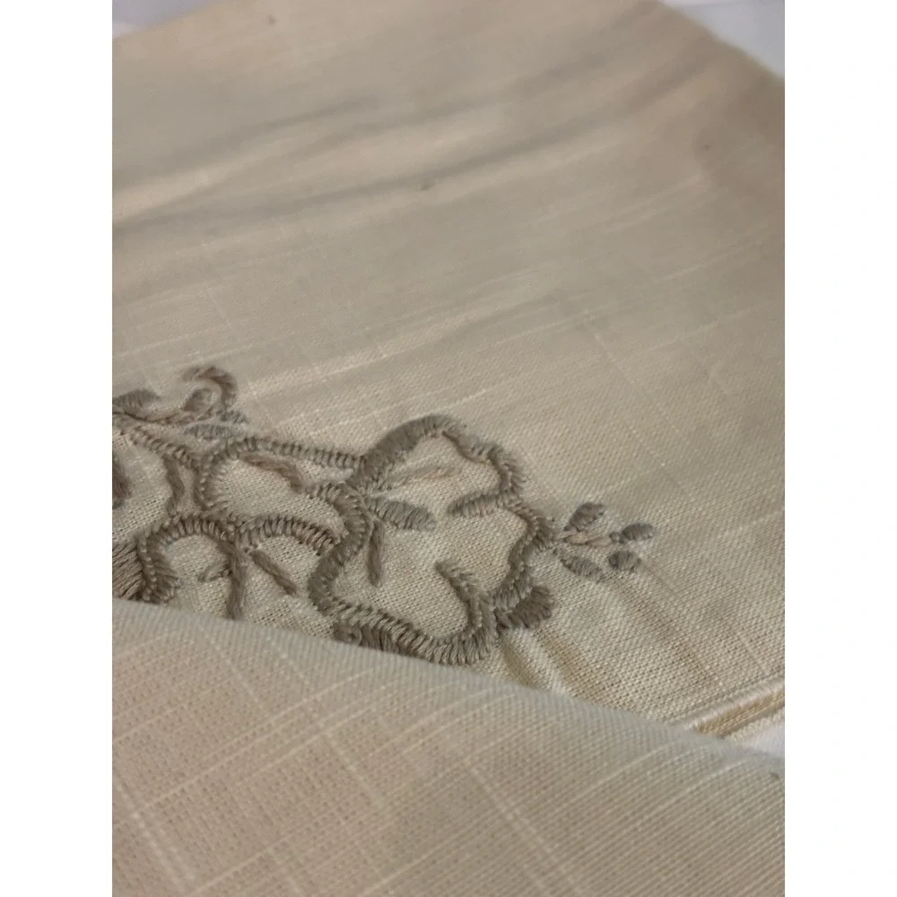 Vintage Cream Linen Napkin Taupe Floral Embroidery Neutral Table Decor Elegant